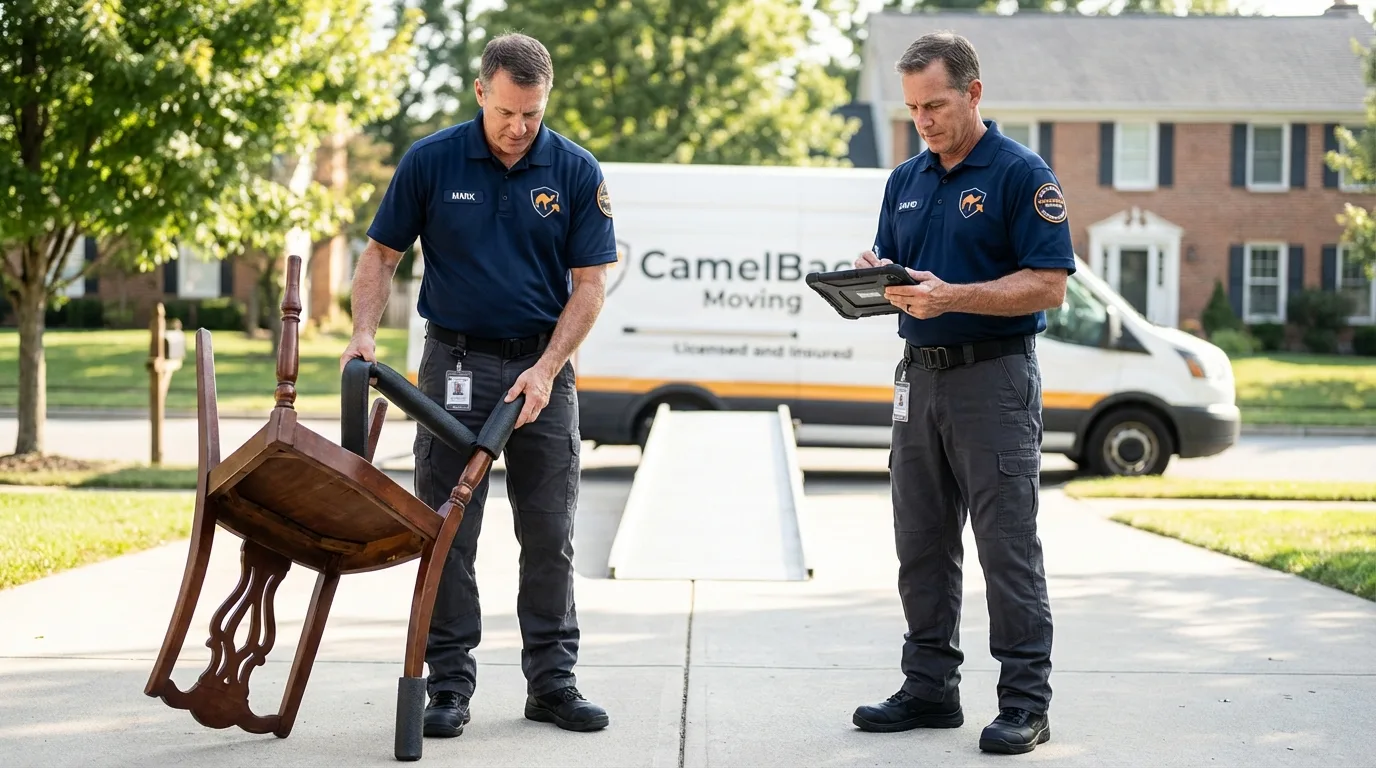 Movers inspecting furniture for damage prevention before loading in Layton, UT
