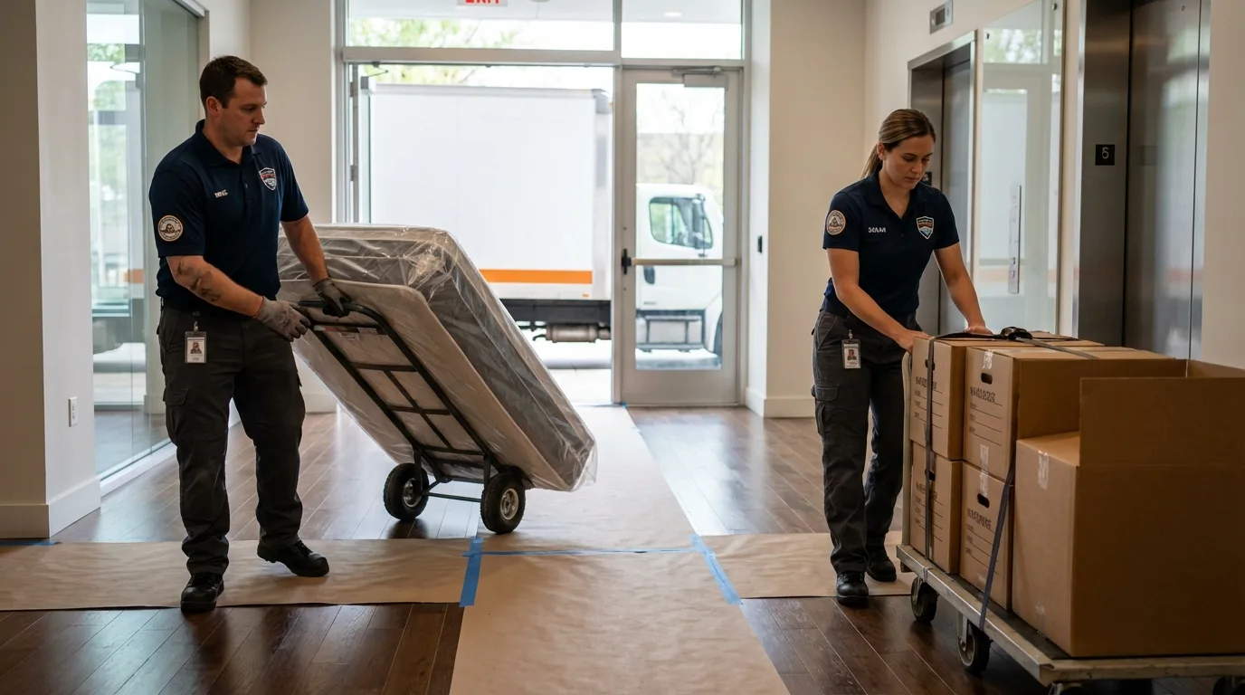 Professional apartment movers loading elevator in Layton, UT