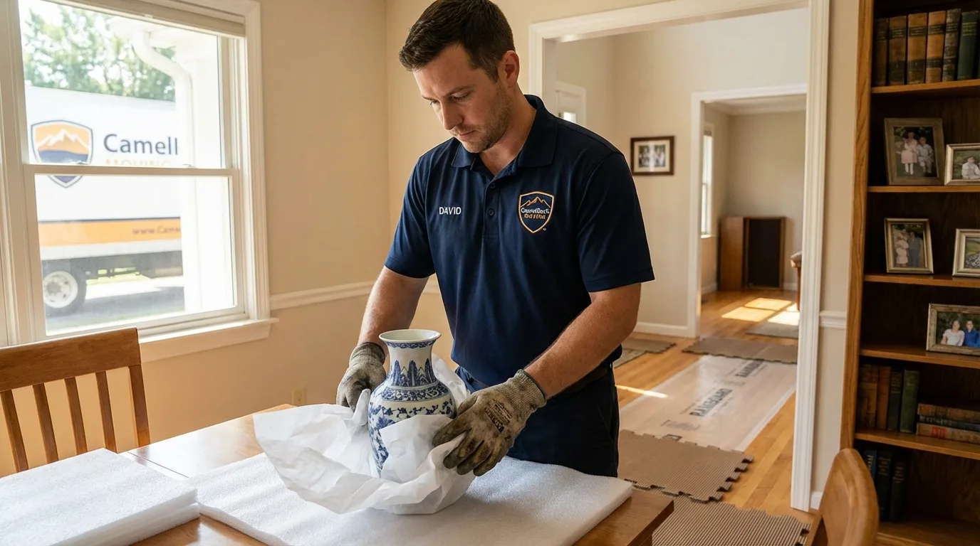 Professional crew carefully wrapping antique vase for senior downsizing move in Layton, UT
